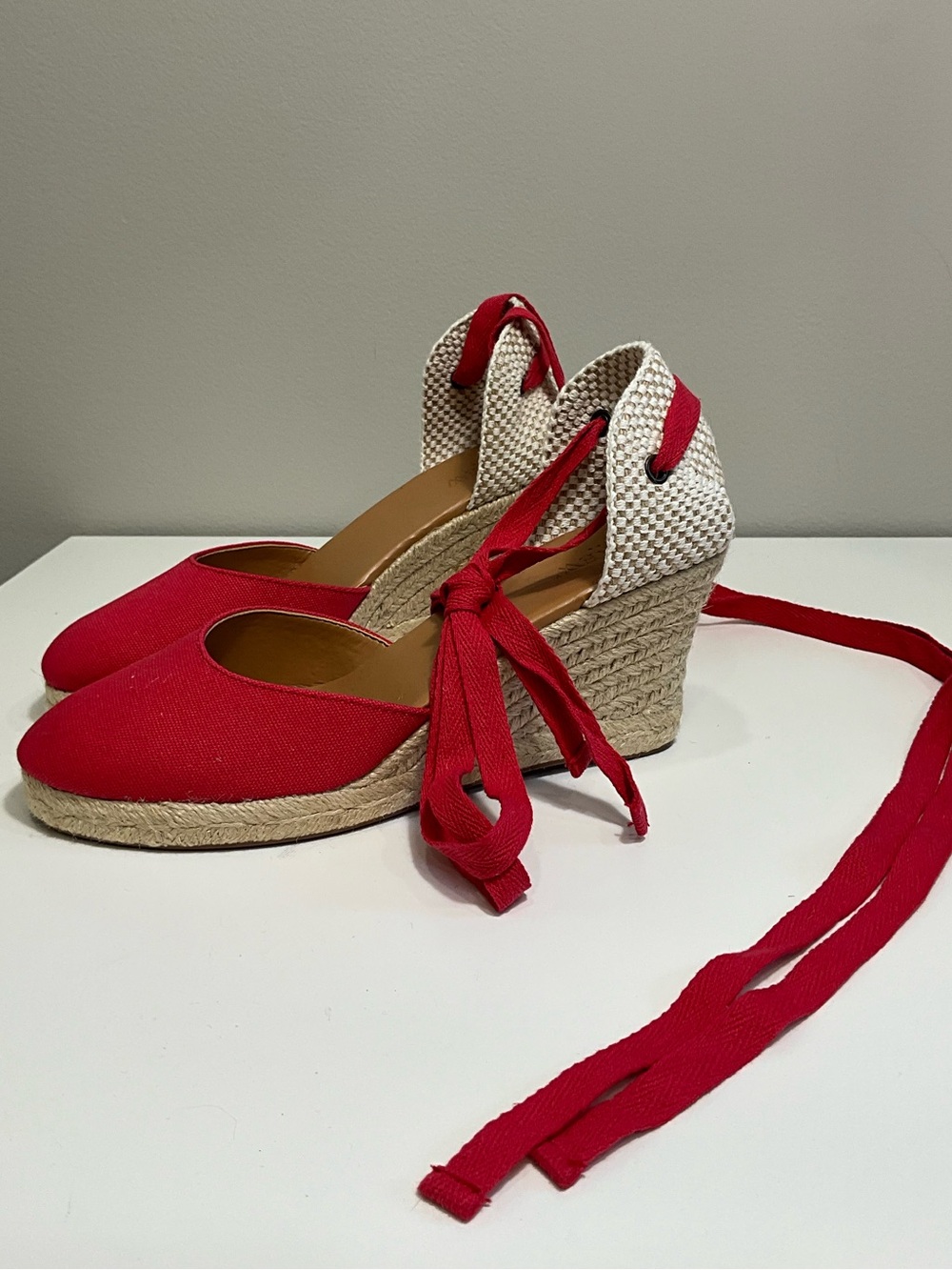 J. CREW Red Lace-Up Espadrille Wedge Sandals Canvas Size 8